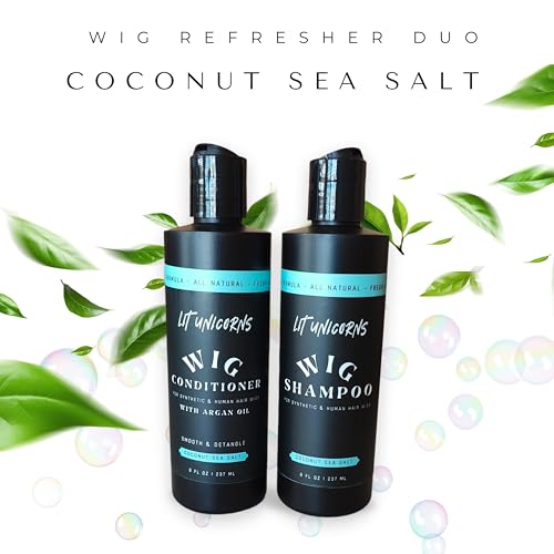 LIT UNICORNS All Natural Wig Shampoo & Conditioner Set for Human Hair and Synthetic Wigs. Clean | Detangle | Soften. Keep Your Wig Fresh - Coconut Scent (16oz Flip-Top)