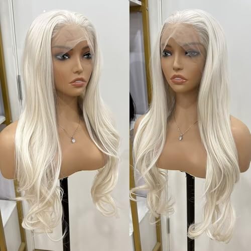 RONGDUOYI Platinum Blonde Wigs for women Long Wavy Blonde Synthetic Lace Front Wig with Glueless Natural Hairline Layered Long Blonde Hair Replacement Wigs for Daily Party Cosplay 18Inches