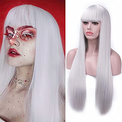 Rosa Star Long Straight Hair Wigs with Flat Bangs Silver Gray Synthetic Wig for Women 26 Inches(88/89#)