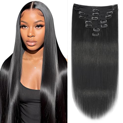 Clip in Hair Extensions Real Human Hair Clip ins Remy Human Hair Clip in Extensions Black Women 14 Inch Invisible Natural Straight Seamless Clip on Hair Extensions 8 pieces with 18 Clips 120g