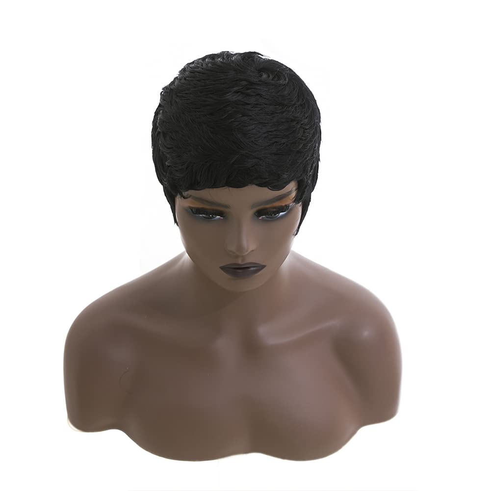 Short Pixie Cut Wigs for Black Women Short Natural Black Curly Wig With Bangs Synthetic Hair Pixie Wig for Women Pixie Cut Wigs Layered Hair Wig (Natural Black)
