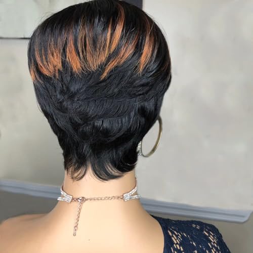 SAEIALL Short Pixie Cut Wig for Women Human Hair 1B33 Pixie Wig for Black Women Glueless Full Machine Made Wigs Easy to Wear Throw On and Go Wigs (Black with Brown)