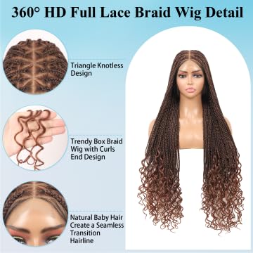 Olymei 360° Hd Full Lace Braided Wigs for Women Triangle Knotless Braided Wigs with Curly End with Baby Hair Box Braid Wig Premium Synthetic Braid Lace Front Wig Brown 36"
