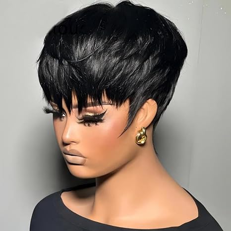 WOCWIG Synthetic Black Pixie Cut Wig For Women Short Hairstyles Wigs For Black Women
