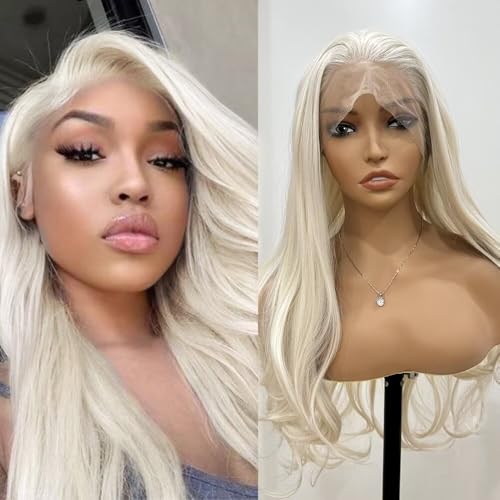 RONGDUOYI Platinum Blonde Wigs for women Long Wavy Blonde Synthetic Lace Front Wig with Glueless Natural Hairline Layered Long Blonde Hair Replacement Wigs for Daily Party Cosplay 18Inches