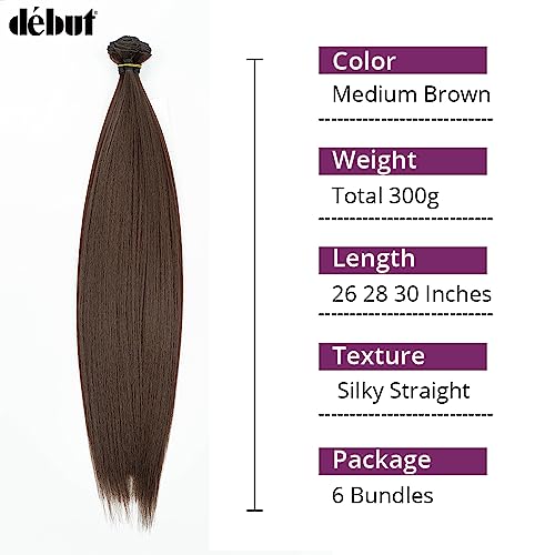 DÉBUT Long Straight Hair 6 Bundles High Temperature Fiber 300g for Full Head Synthetic Hair Weave Medium Brown 26 28 30 Inches