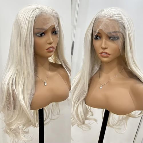 RONGDUOYI Platinum Blonde Wigs for women Long Wavy Blonde Synthetic Lace Front Wig with Glueless Natural Hairline Layered Long Blonde Hair Replacement Wigs for Daily Party Cosplay 18Inches