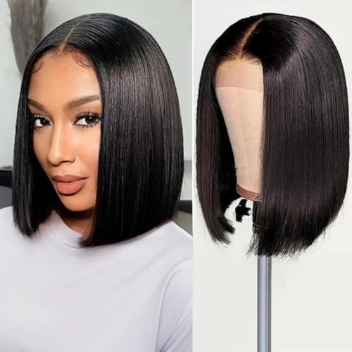 Wear and Go Glueless Bob Wigs Human Hair Straight Bob Wigs Human Hair Pre Plucked Pre Cut 4x4 HD Lace Front Glueless Wigs Human Hair 180% Density Short Straight Bob Wigs for Black Women (10 Inch)