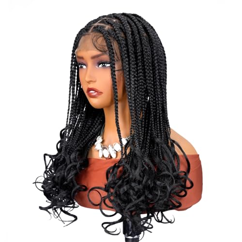 SUPERNOVA Knotless Braided Wigs With Curly End Synthetic Hair 13x7 Lace Front Box Braids Wig For Black Women Half Back Double Lace Square Braided Wig With Baby Hair 18 Inch