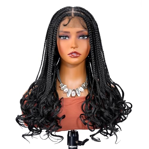SUPERNOVA Knotless Braided Wigs With Curly End Synthetic Hair 13x7 Lace Front Box Braids Wig For Black Women Half Back Double Lace Square Braided Wig With Baby Hair 18 Inch