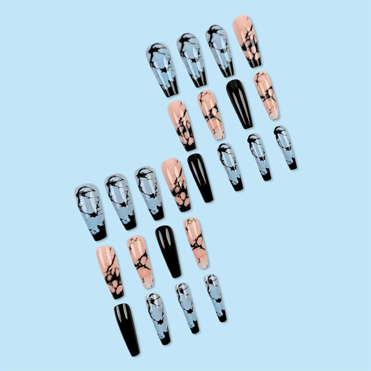 Press on Nails Long Coffin Fake Nails Black Blue Marble Glue on Nails Press on False Nails Glossy Acrylic Ballet Nails Full Cover Reusable Stick on Nails for Women Summer Nails Art Decorations 24PCS