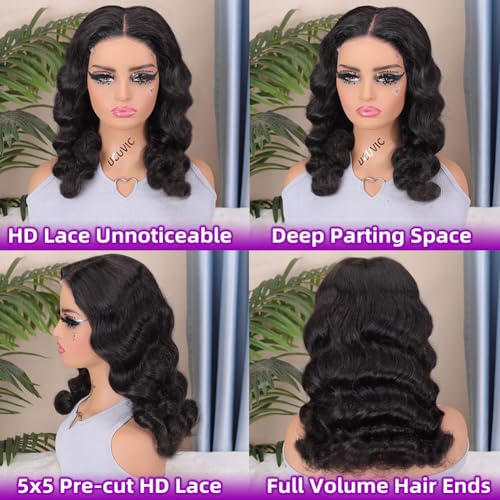 UCUVIC Wear And Go Glueless Wigs Human Hair Pre Plucked Pre Cut 5x5 Body Wave Curly Bob Wig Human Hair Lace Front Closure Wigs For Black Women 200 Density Curly Wig Glueless Wear And Go Black 16 Inch