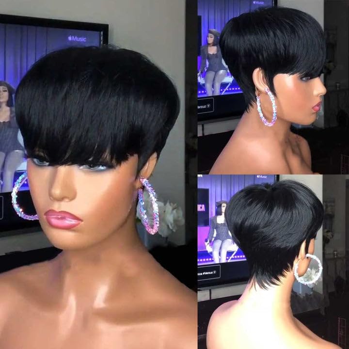 PurpleSexy Pixie Cut Wigs for Black Women Natural 1B Color Daily Use Short Layered Pixie Cut Human Hair Wigs With Bangs for Women Glueless Brazilian Virgin Human Hair Cool Wig