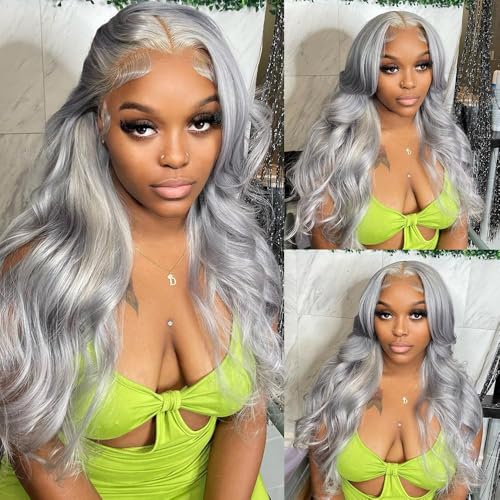 Munx Glueless Wig Human Hair, 13x6 HD Lace Front Straight Wigs for Black Women Silvery Grey Colored Pre-Bleached Invisible Knots Frontal Wig 36in Thick 180% Density Real Human Hair Wigs