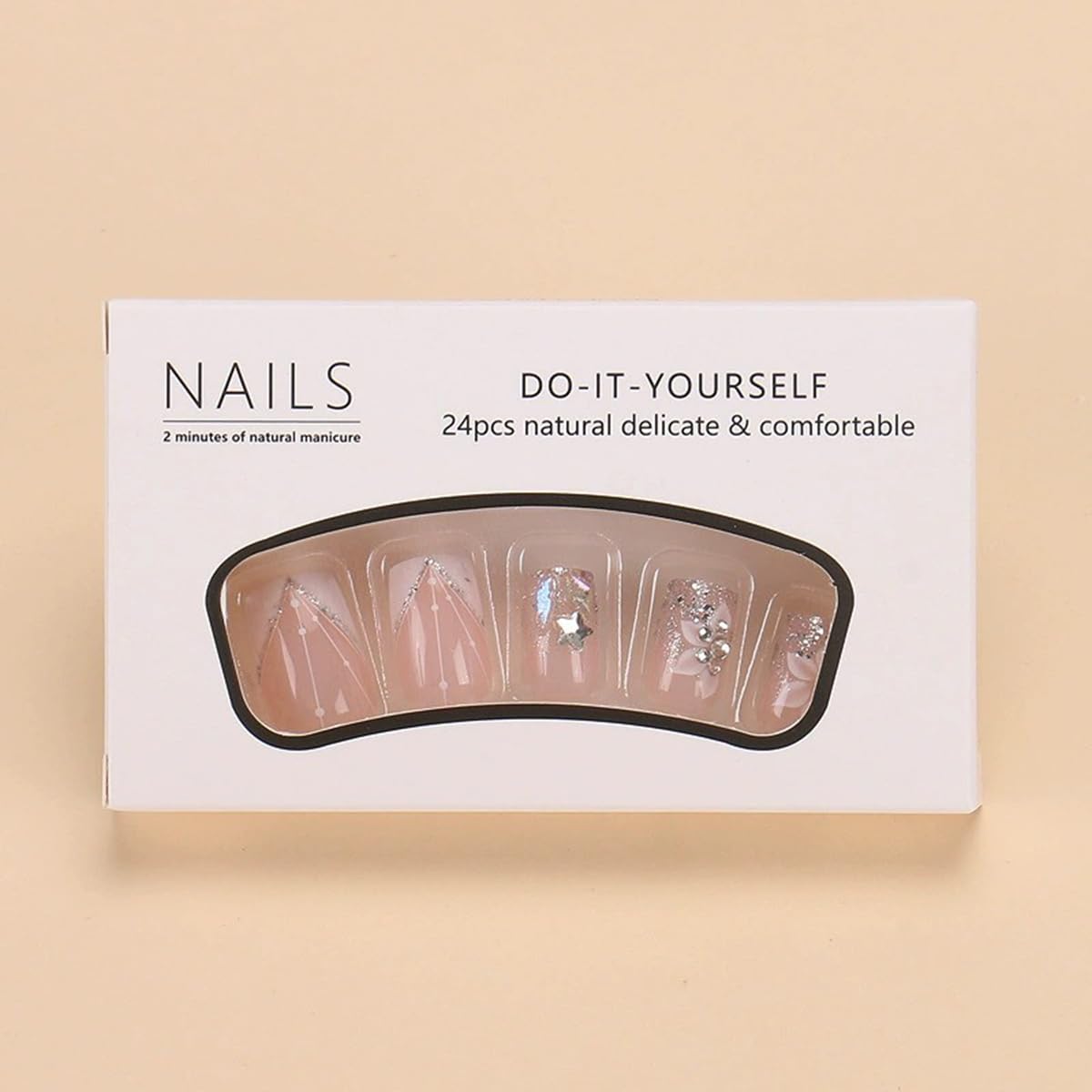 French Press on Nails Medium Square Fake Nails White French Tip Nails Press on False Nails with Flower Glitter Designs Nude Pink Acrylic Fake Nails Kits Spring Glue on Stick on Nails for Women 24PCS