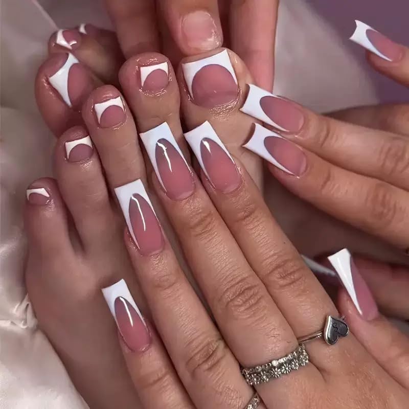 NHIXK 60Pcs White French Tip Press on Nails & Press on Toenails Set, Square Press on Nails Medium Fake Nails French False Toenails Full Cover Stick on Nails for Women Manicure Kit