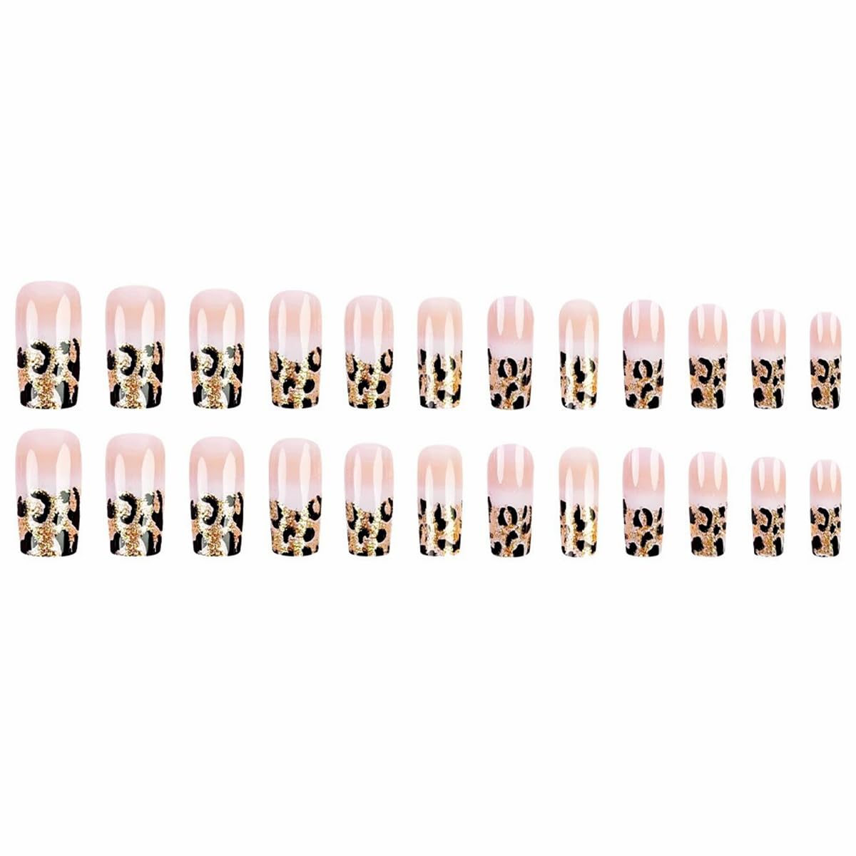 Long Coffin Press on Nails French Fake Nails Glossy Acrylic Press On Nails with Glitter Leopard Print Designs French Style Gradient Acrylic Full Cover Glue on Nails Long False Nails for Women 24PCS