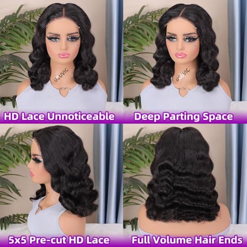 UCUVIC Glueless Wigs Human Hair Pre Plucked Pre Cut Wear And Go Curly 5x5 Body Wave Bob Wig Human Hair Lace Front Closure Wigs For Black Women 200 Density Curly Wig Glueless Wear And Go Black 14 Inch