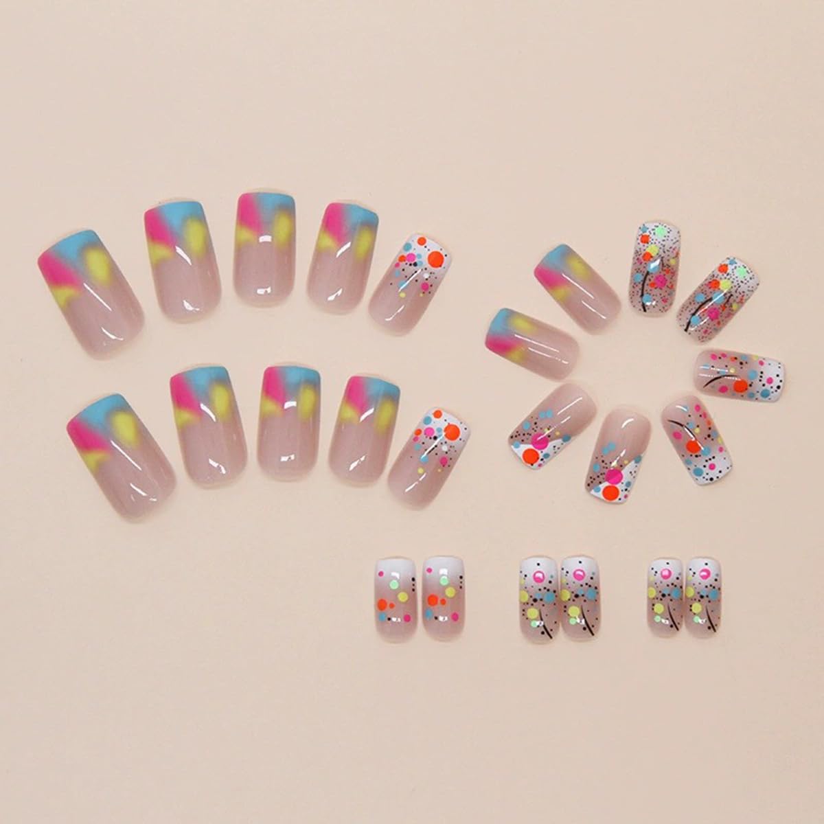 Medium Press on Nails Square Shape Fake Nails with Rainbow Dot Designs Ombre Nails Sweet Summer Glue on Nails Glossy Gradient Acrylic Nails Full Cover Reusable Stylish Stick on Nails for Women 24PCS