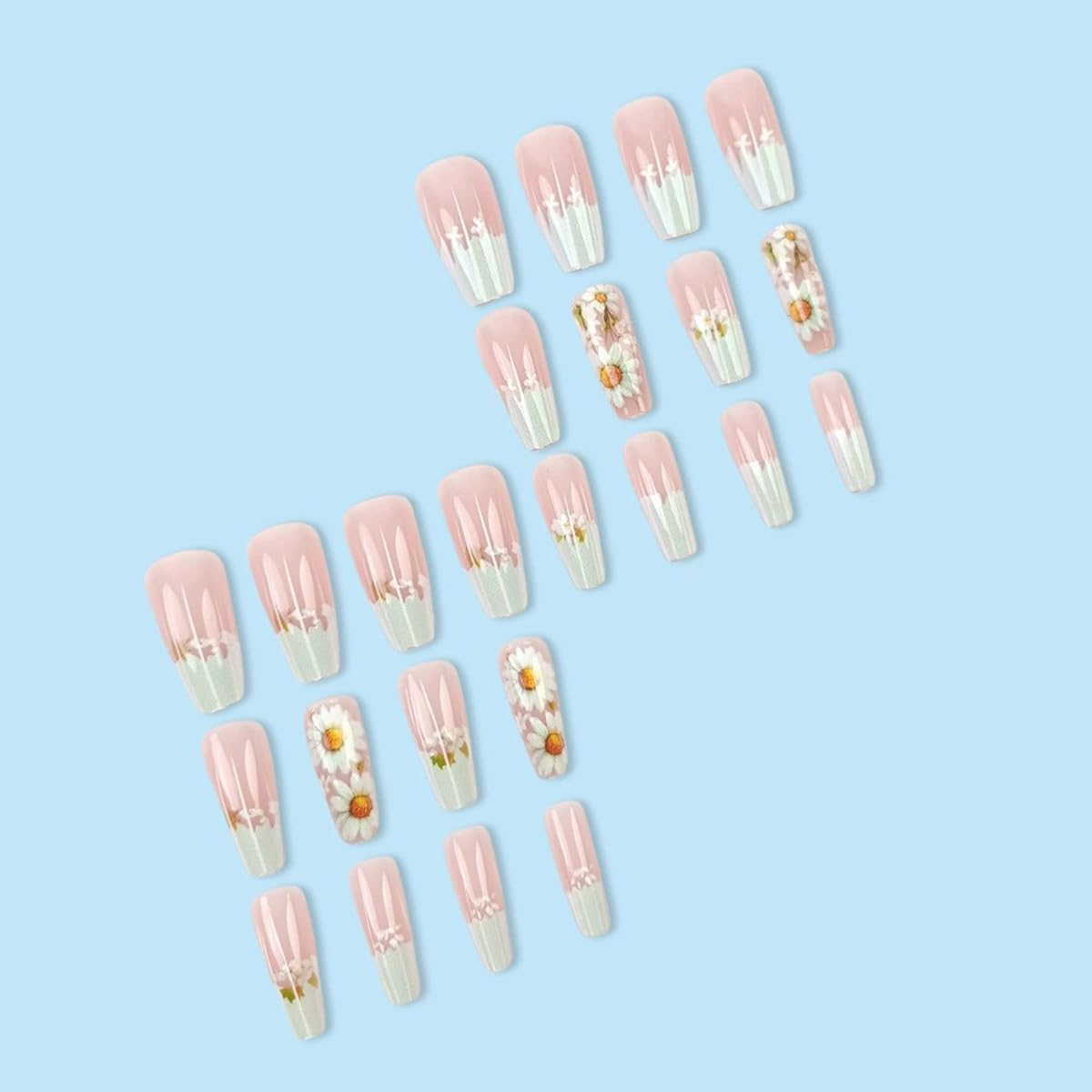 Flower Press on Nails Long White French Tip Nails Coffin Fake Nails with Daisy Designs Glossy Pink Acrylic Ballet Nails Full Cover Summer Flower Nails Glue on Nails Stick on Nails for Women 24PCS