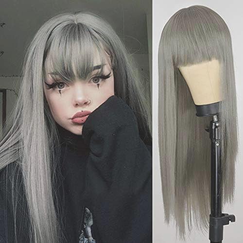 Kaneles Grey Long Wig With Bangs Straight Gray Wig Synthetic Natural Heat Resistant Fiber Hair Daily Cosplay Wig for Women Hair Wig