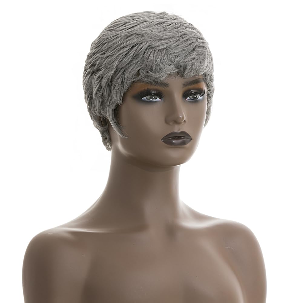 BingSing Short Grey Wigs for Back Women Pixie Cut Wigs Short Wigs for Black Women Short Grey Pixie Curly Hair Wig