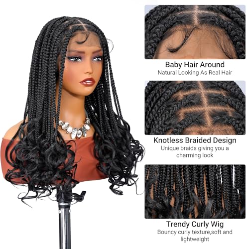SUPERNOVA Knotless Braided Wigs With Curly End Synthetic Hair 13x7 Lace Front Box Braids Wig For Black Women Half Back Double Lace Square Braided Wig With Baby Hair 18 Inch