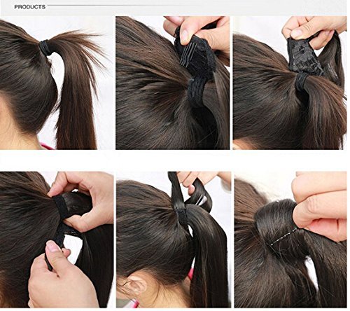 SWACC Women Long Straight/Curly Wavy Wrap Around Ponytail Extension Synthetic Hair Piece Clip in Hair extensions (Straight, Silver Gray)