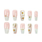 Flower Press on Nails Long White French Tip Nails Coffin Fake Nails with Daisy Designs Glossy Pink Acrylic Ballet Nails Full Cover Summer Flower Nails Glue on Nails Stick on Nails for Women 24PCS