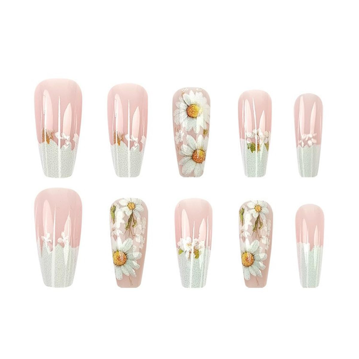 Flower Press on Nails Long White French Tip Nails Coffin Fake Nails with Daisy Designs Glossy Pink Acrylic Ballet Nails Full Cover Summer Flower Nails Glue on Nails Stick on Nails for Women 24PCS