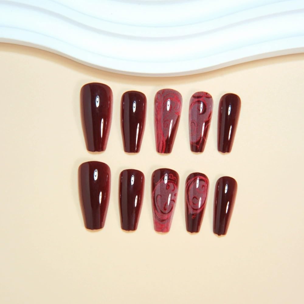 Medium Press on Nails Coffin Fake Nails with Designs Ballet Acrylic Nails Press on Glossy Rose Red Totem Gothic Style Gel False Nail Kits Reusable Stick on Nails for Women Manicure Decorations 24PCS