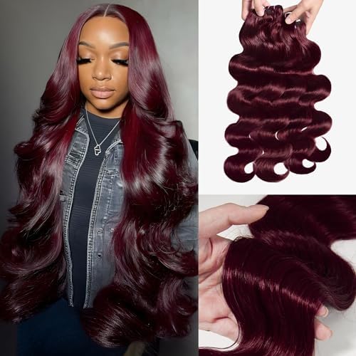 Human Hair Bundles 4 Bundles 18 20 22 24 Inch Hair Extensions Dark Burgundy Body Wave Bundles Human Hair 100% Unprocessed Brazilian Virgin Hair Quick Weave 99J