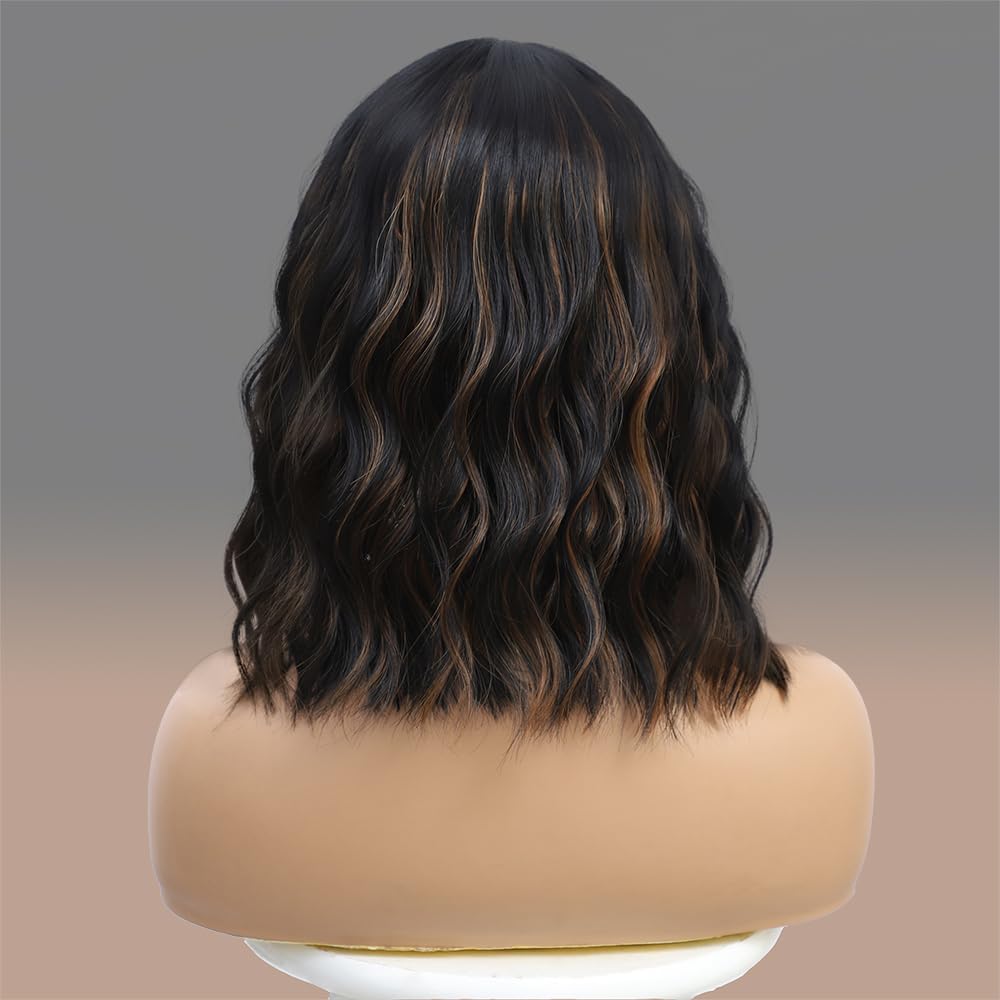 14 Inch Black Mixed Brown Highlights Wigs for Women Short Wavy Curly Wig With Bangs Natural Looking Synthetic Hair Wigs Heat Resistant Fiber Wig for Daily Party (Black Mixed Brown)