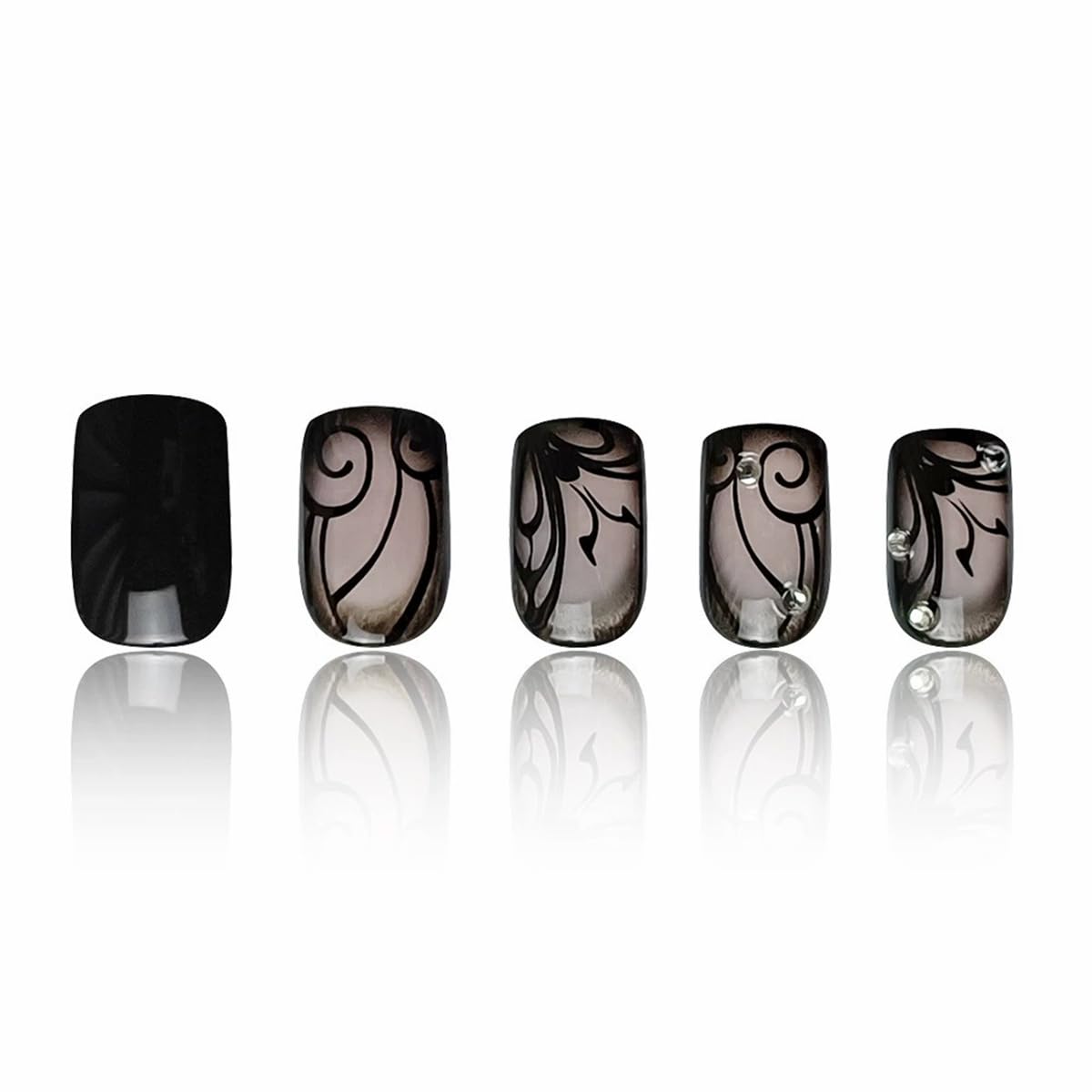 Black Press on Nails Short Square Fake Nails with Designs Black Vine Acrylic False Nail Kits Glossy Full Cover Spring Winter Glue on Nails with Rhinestone Artificial Stick on Nail for Women 24PCS
