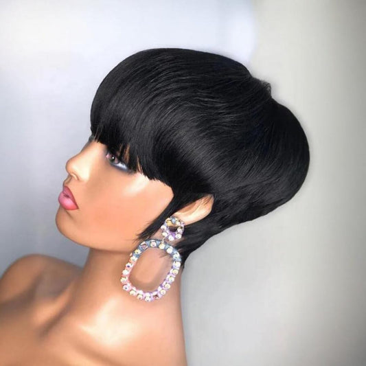 PurpleSexy Pixie Cut Wigs for Black Women Natural 1B Color Daily Use Short Layered Pixie Cut Human Hair Wigs With Bangs for Women Glueless Brazilian Virgin Human Hair Cool Wig