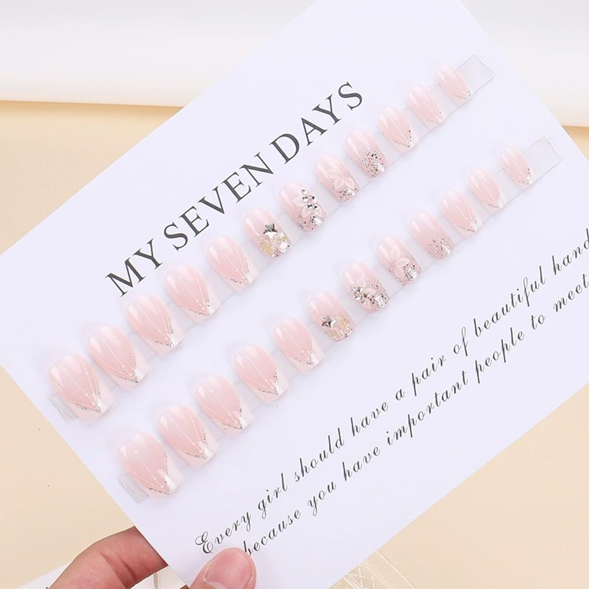 French Press on Nails Medium Square Fake Nails White French Tip Nails Press on False Nails with Flower Glitter Designs Nude Pink Acrylic Fake Nails Kits Spring Glue on Stick on Nails for Women 24PCS