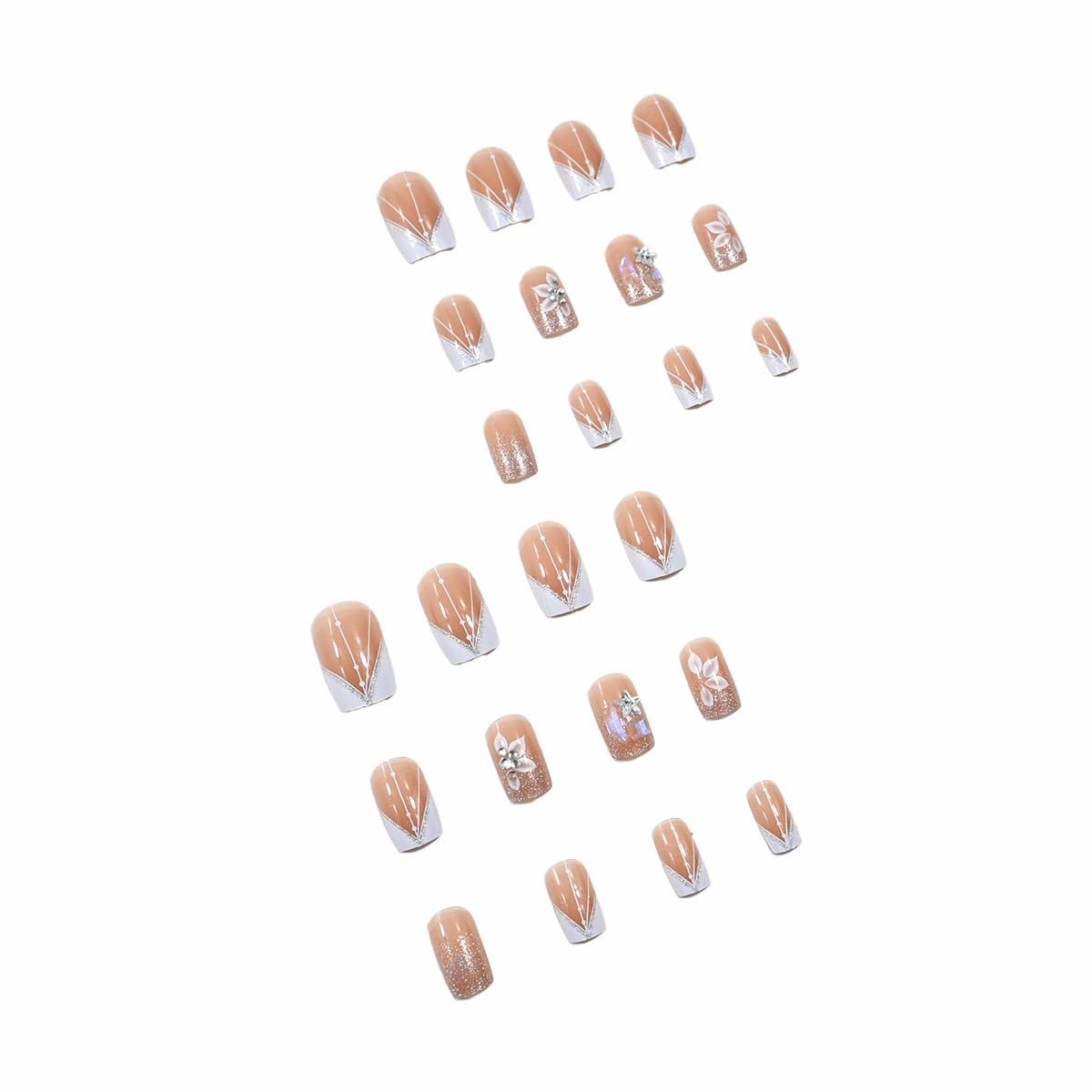 French Press on Nails Medium Square Fake Nails White French Tip Nails Press on False Nails with Flower Glitter Designs Nude Pink Acrylic Fake Nails Kits Spring Glue on Stick on Nails for Women 24PCS