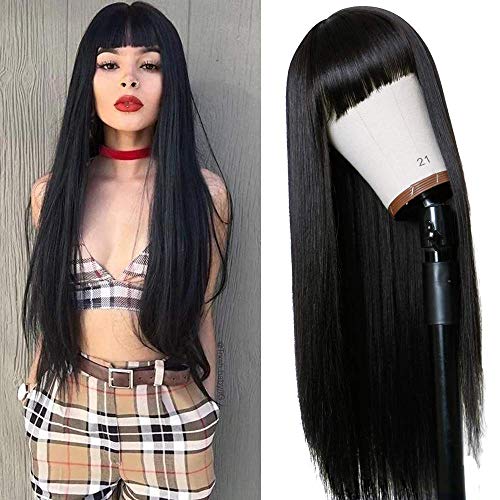 TIMANZO Long Straight Remy Hair Wigs Natural Black Heat Resistant Fiber Hair Full Machine Wig with Bangs Cosplay Party Wig For Fashion Women(24 Inches Natural Black Hair)