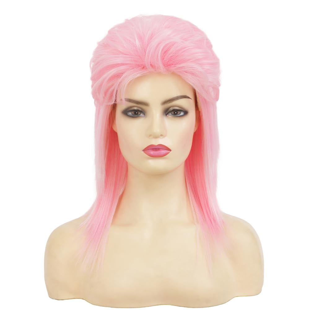 Swiking Pink Mullet Wigs for Women 70s 80s Rocker Shoulder Length Hair Shaggy Layered Fluffy Wig Cosplay Halloween Costume Replacement Wigs(Pink