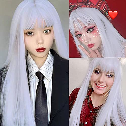 Rosa Star Long Straight Hair Wigs with Flat Bangs Silver Gray Synthetic Wig for Women 26 Inches(88/89#)