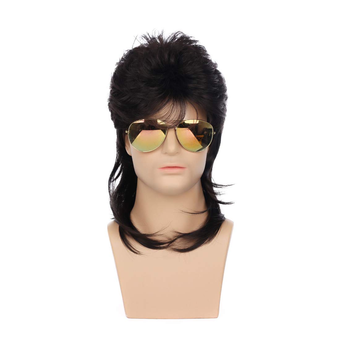 Swiking Mullet Wigs for Men Black Retro 70s 80s Disco Rocker Curly Punk Fancy Party Halloween Cosplay Costume Replacement Full Wigs(Black)