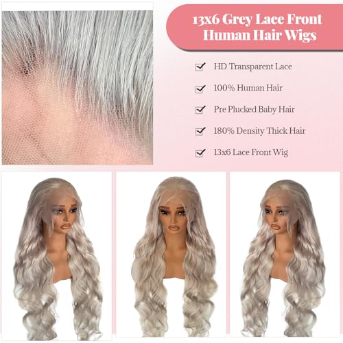 13x6 Body Wave Lace Front Wig Human Hair 180% Density Silver Grey Lace Front Wigs Human Hair with Baby Hair Pre Plucked Mini Knots HD Invisible Lace Frontal Glueless Wigs 32 Inch