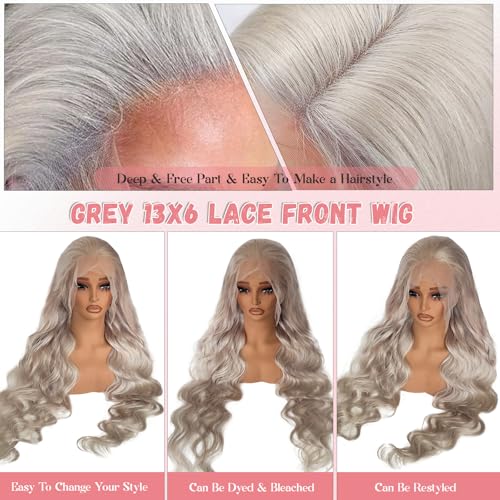 Munx Grey Lace Front Wigs Human Hair, Body Wave 13x6 Lace Front Wigs Human Hair, Pre-Bleached Invisible Knots Glueless Frontal Wig for Women 180% Density Natural Hairline with Baby Hair 26inch