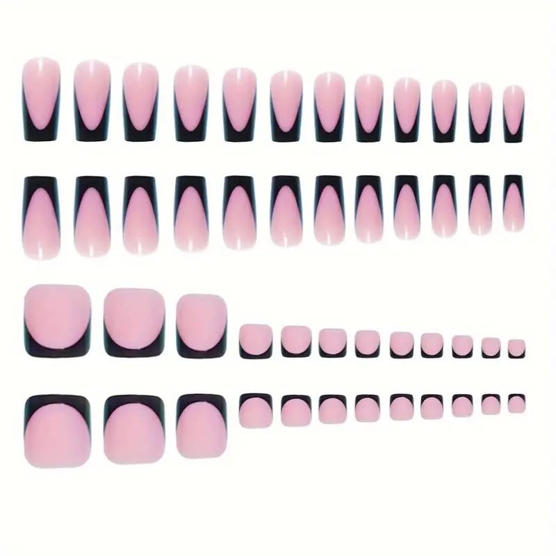 NHIXK 60Pcs Black French Tip Press on Nails & Press on Toenails Set, Square Press on Nails Medium Fake Nails Black French Press on Toenails Full Cover Stick on Press ons for Women
