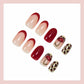 Short Press on Nails Oval Fake Nails with Cherry Leopard Print Design Glossy Red Acrylic Gel False Nails Kits Red French Tip Nails Spring Summer Reusable Artificial Stick on Nails for Women 24PCS