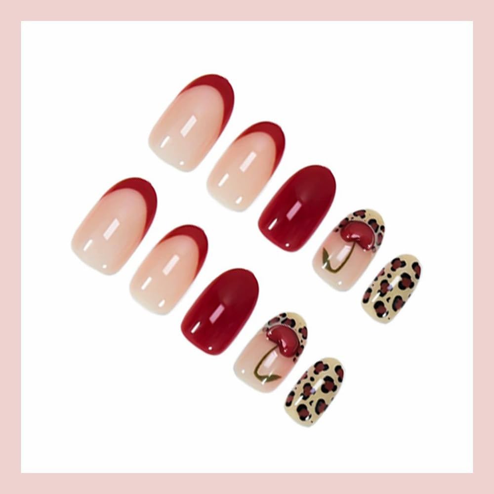Short Press on Nails Oval Fake Nails with Cherry Leopard Print Design Glossy Red Acrylic Gel False Nails Kits Red French Tip Nails Spring Summer Reusable Artificial Stick on Nails for Women 24PCS