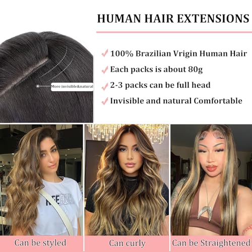Clip in Hair Extensions Real Human Hair, Remy Human Hair Clip in Extensions Double Weft Seamless Clip ins Hair Extension for Women Balayage Natural Black Mixed Chestnut Brown 16 Inch 2.8oz/80g