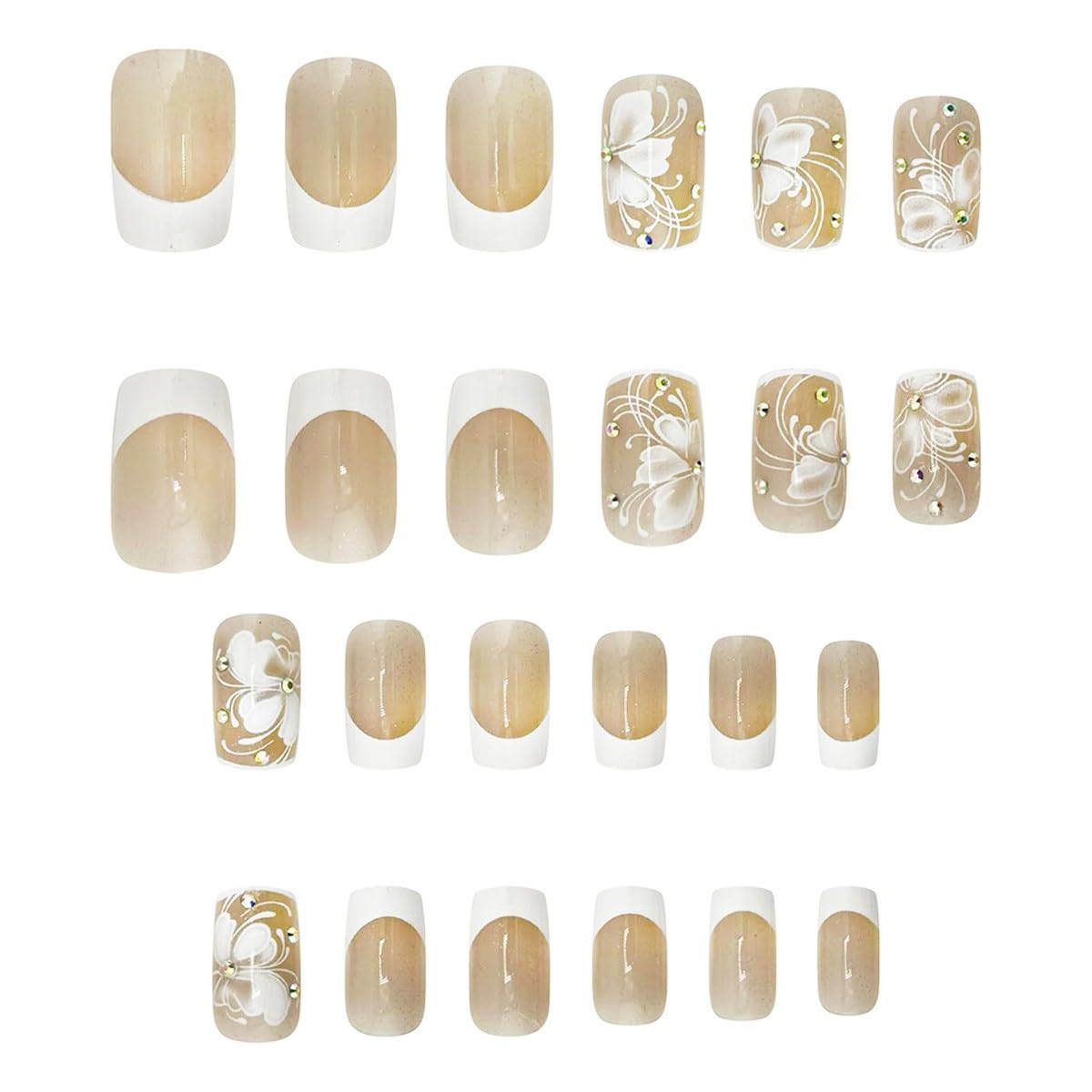 French Press on Nails Medium Square Shape Fake Nails with Butterfly Designs White French Tip Nails Glossy Rhinestone Acrylic Full Cover Stick on Nails for Women Elegant Glue on Nails False Nails 24PCS