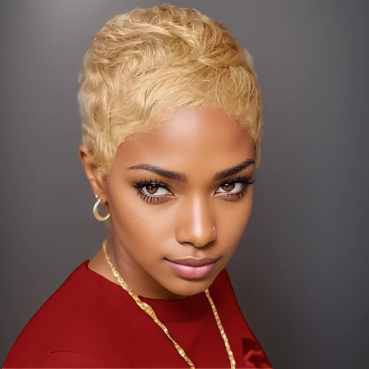 Amecire Brazilian Human Hair Pixie Cut Wig for Women Honey Blonde 180% Density Straight Short Wig with Bangs Non Lace Front Rose Net Cap for Party Cosplay Daily Use