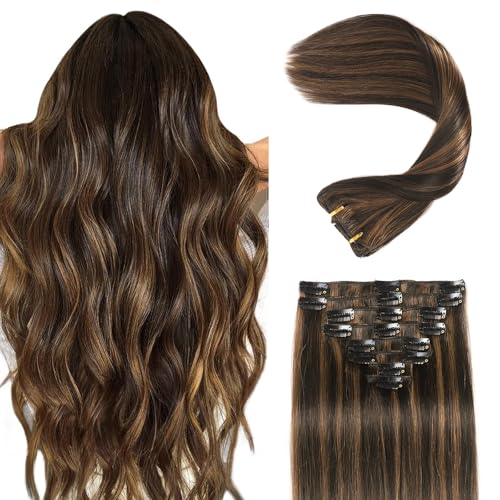 Clip in Hair Extensions Real Human Hair, Remy Human Hair Clip in Extensions Double Weft Seamless Clip ins Hair Extension for Women Balayage Natural Black Mixed Chestnut Brown 16 Inch 2.8oz/80g
